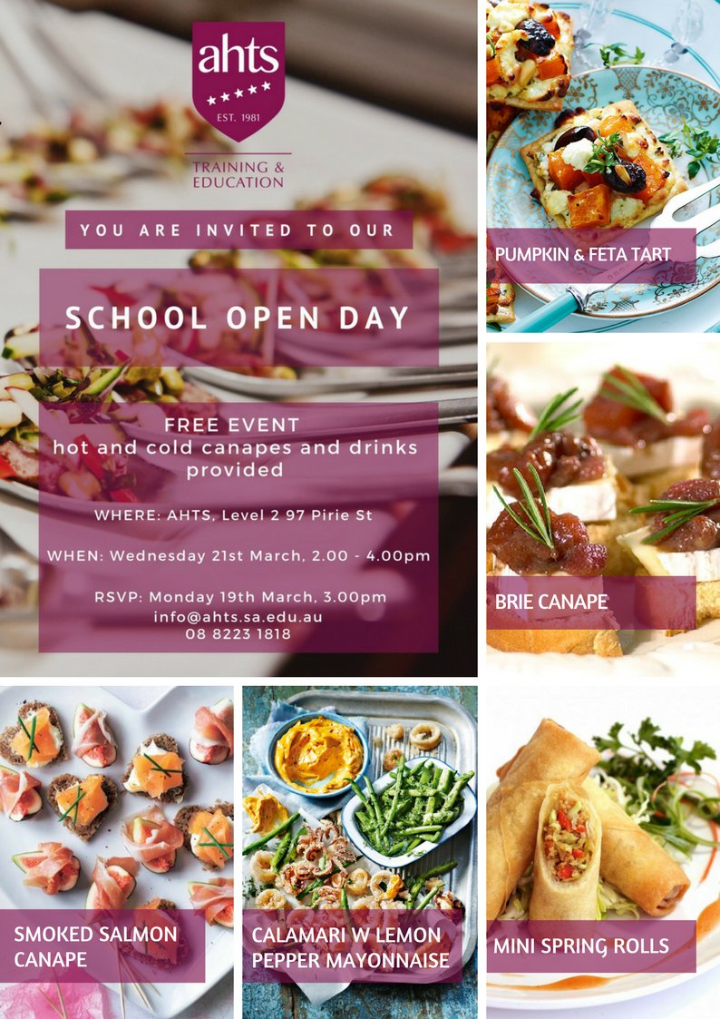 You are invited to our School Open Day! RSVP closing soon, get in quick!

(This is a FREE event!)

Wed 21st March, 2-4pm at AHTS Level 2/97 Pirie St Adelaide SA 5000

RSVP: Mon 19th March, 3pm (08 8223 1818; info@ahts.sa.edu.au)