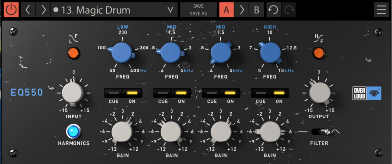 YumehateCom's tweet photo. #Overloud の #Gem550 ですが、#API550B のコピーではなく改良品
ゲインは2dB刻みではなくシームレスに設定できるけど、数値は表示してくれない
各帯域の最大&最小値も微妙に違う
HP&LPフィルターが付いている
ハーモニクスのライトも気になるw https://t.co/ascpu2kG7d
