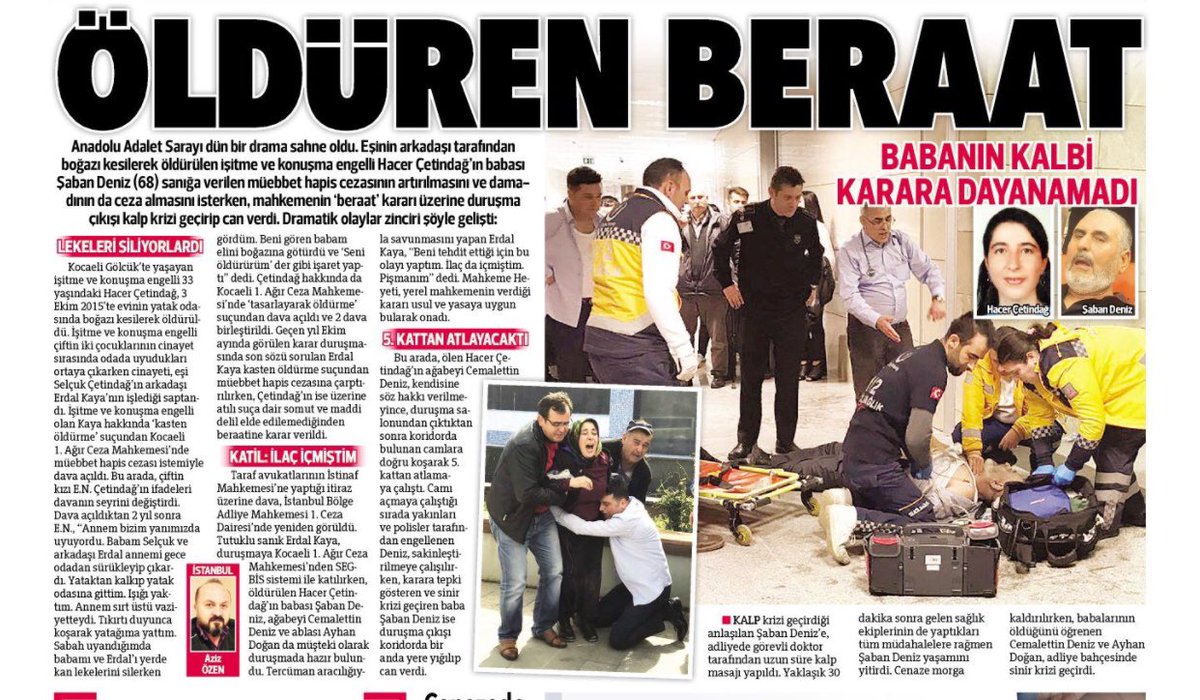 didem_soydan's tweet photo. ADALET 💩 sisteminin işleyişine muazzam bi örnek. Karısını boğazını keserek öldürüyor. Tabiki beraat ediyor. Bu karara isyan eden babanın kalbi orada duruyor.Kalp krizi geçirip ölüyor. Katil dışarı salınıyor. Bitti🤮 https://t.co/JcWwi9A80E