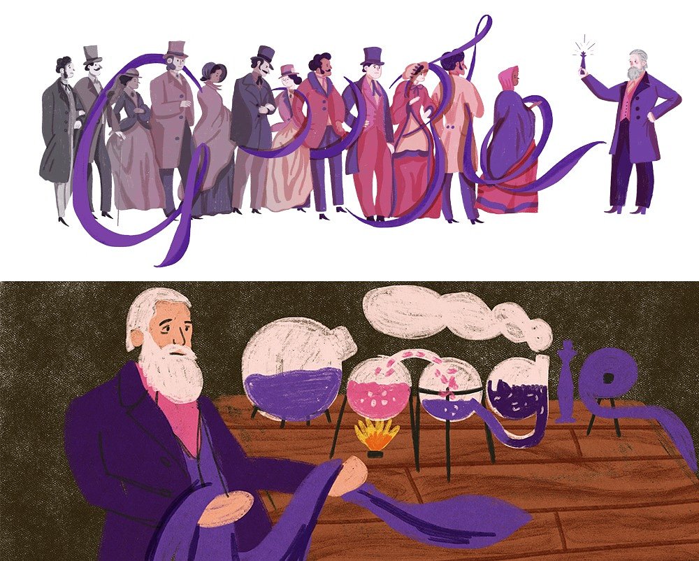 FICTICIA_lab's tweet photo. O Doodle de hoje faz uma homenagem ao 180º aniversário do químico Sir William Henry Perkin que descobriu acidentalmente "malvaína" um corante roxo, considerado o 1ºcorante sintético.

Ilustração: Sonny Ross
Fonte: Google - https://t.co/5RL5Y6ZHiI 

#purple #malvaina #roxo #google https://t.co/BAUsdM9QUg