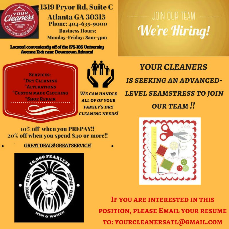 YourCleanersATL's tweet photo. @YourCleanersATL is looking for an advanced-level seamstress to join our Team! If you have the talent and skills to offer, please send your resume to: Yourcleanersatl@gmail.com
#YourCleaners https://t.co/KM3Dd1wH98