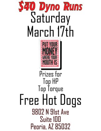Come out and see what kind of power your bike is really making. Stop out for $40 Dyno Runs and Free Hot Dogs and Drinks. See you Saturday!