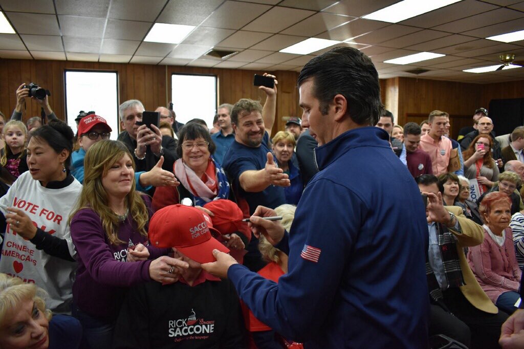 DonaldJTrumpJr's tweet photo. Thankful for our service members and veterans. Blaine Hill Volunteer Fire Company’s dedicated firefighters keep #PA18 safe & @Saccone4PA will fight for them in Congress! Get out and vote on Tuesday. https://t.co/P2q22lnLXY
