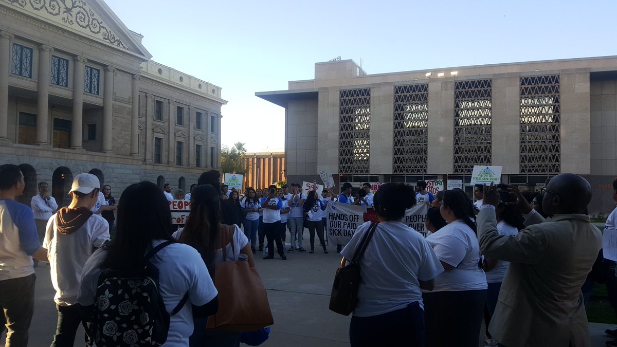 LUCHA_AZ's tweet photo. After the 5-3 passing of #HCR2028, LUCHA community members and activists are responding with a rally outside the AZ State Senate. The people's voices will not be ignored! #HandsOffProp206 https://t.co/JWGaNbT70k