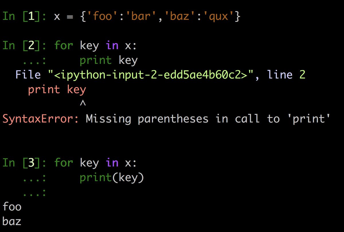ipython code for instantiating a dict, iterating over it to see what's in it, getting an error for not including parens for print