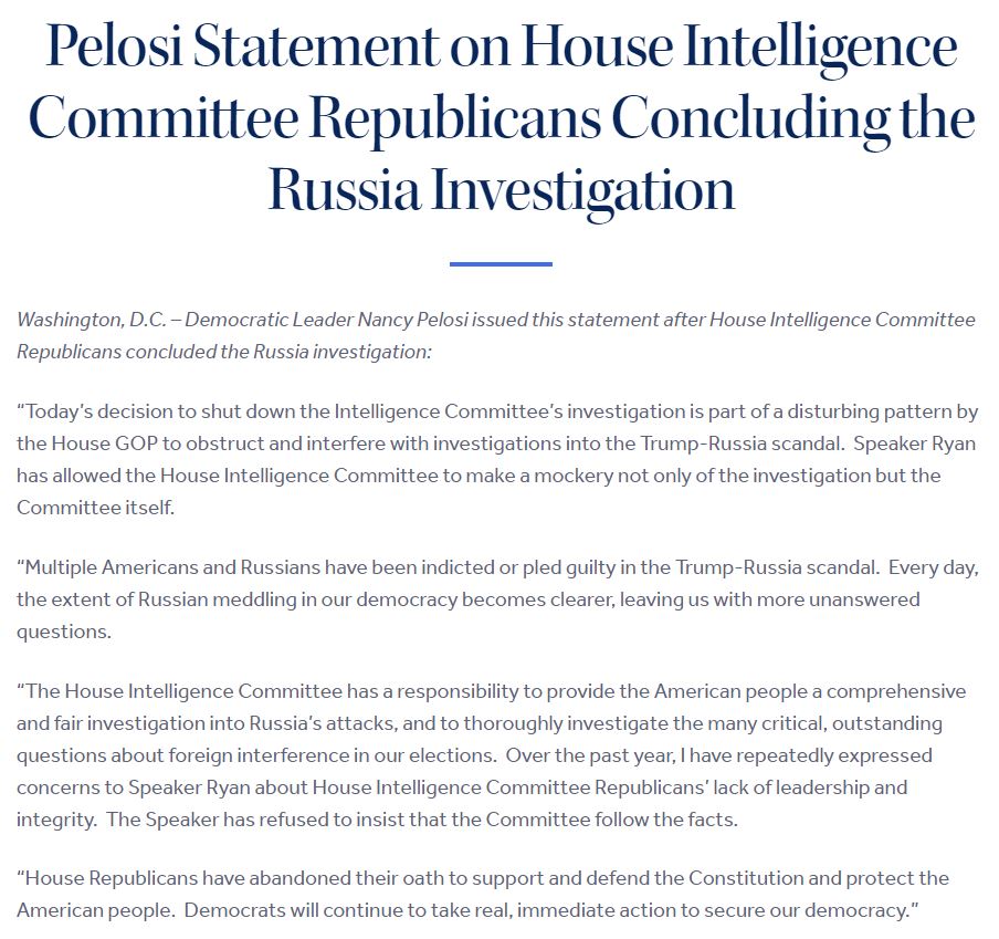 Democratic Leader Nancy Pelosi issued this statement after House Intelligence Committee Republicans concluded the Russia investigation.