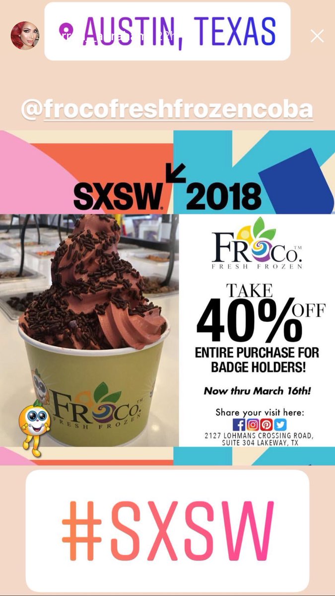 FroCoCoba's tweet photo. SXSW #sxsw2018 #sxsw #sxswmusic #sxswtech #sxswedu2018 #sxswedu #sxswfood https://t.co/IfVVrmKKBJ