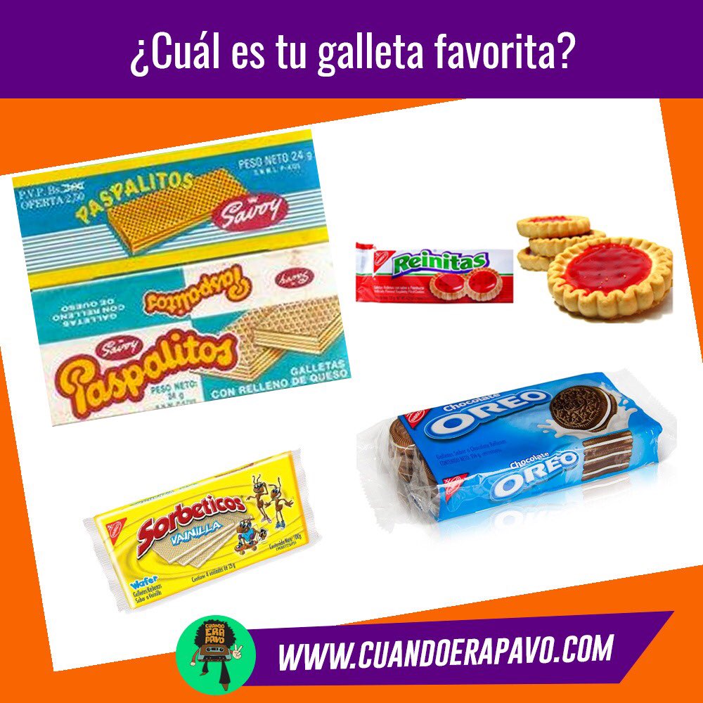 cuandoerapavo's tweet photo. Cuál es tu galleta favorita #encuestaPava 
A) Paspalitos 
B) Reinitas 
C) Sorbeticos la mía 
D) oreo @Oreo https://t.co/Op1O36vVpU