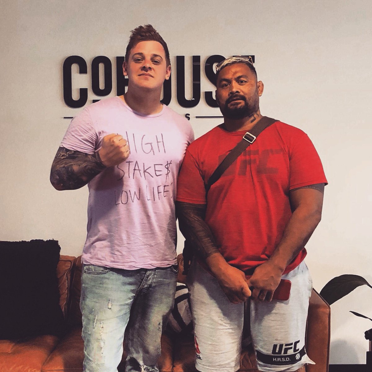 AlmostInfamousx's tweet photo. Just sat down with one of the most dangerous men on the planet, humbled and such a huge honour to talk to @markhunt1974 - Podcast will be up in a few days, thanks brother ππΌ #AlmostInfamous Thanks also to the crew from @cohouse_studios for making us feel so welcome! https://t.co/bCDe0E2eUR