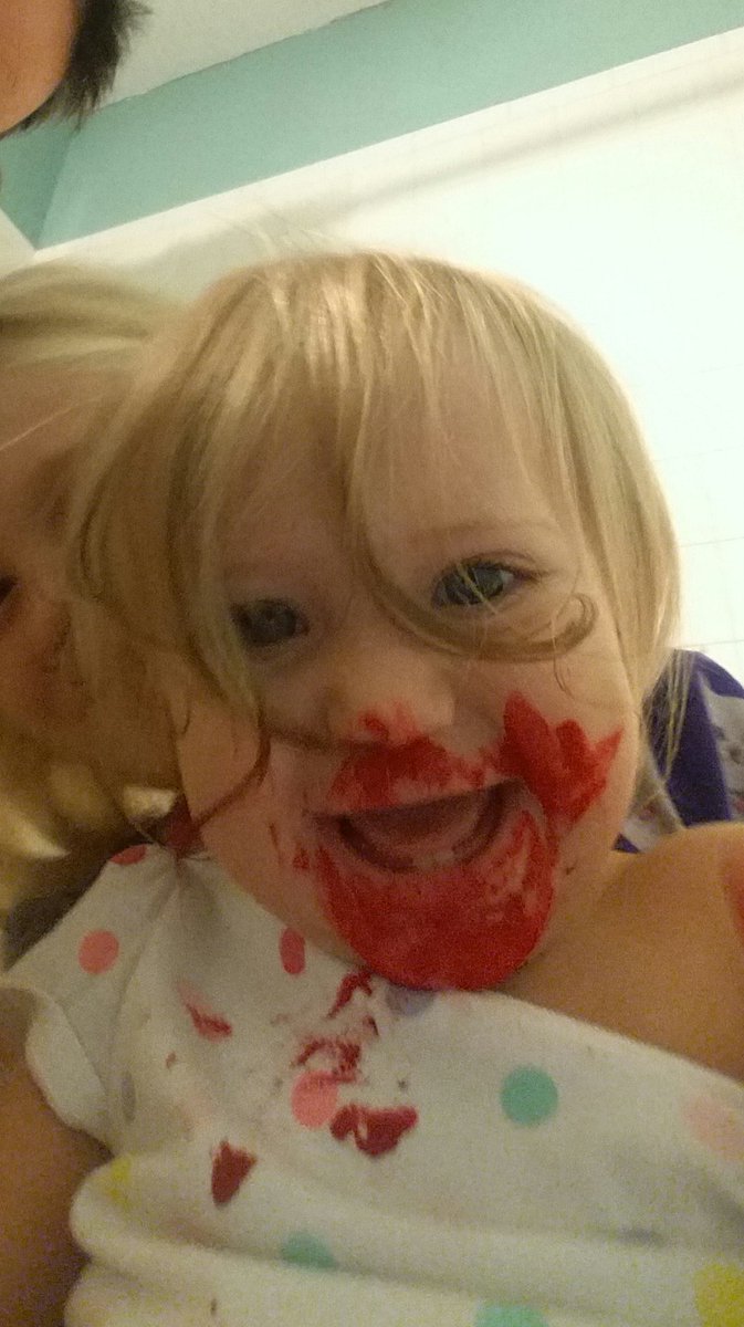 realImShook's tweet photo. I caused my wife a little post-decisional dissonance, after she left me alone with the girls to go to the gym this weekend!  @Theorytalk 
#babygothelipstick #daddyfails https://t.co/AVDI7PgKLZ