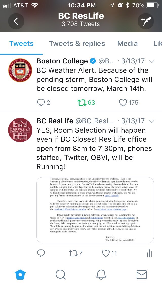 BC_ResLife's tweet photo. BC might be closed tomorrow, but as of now, we still intend to hold the Room Selection Process as planned! This situation seems oddly familiar... https://t.co/0PjZjUYztH