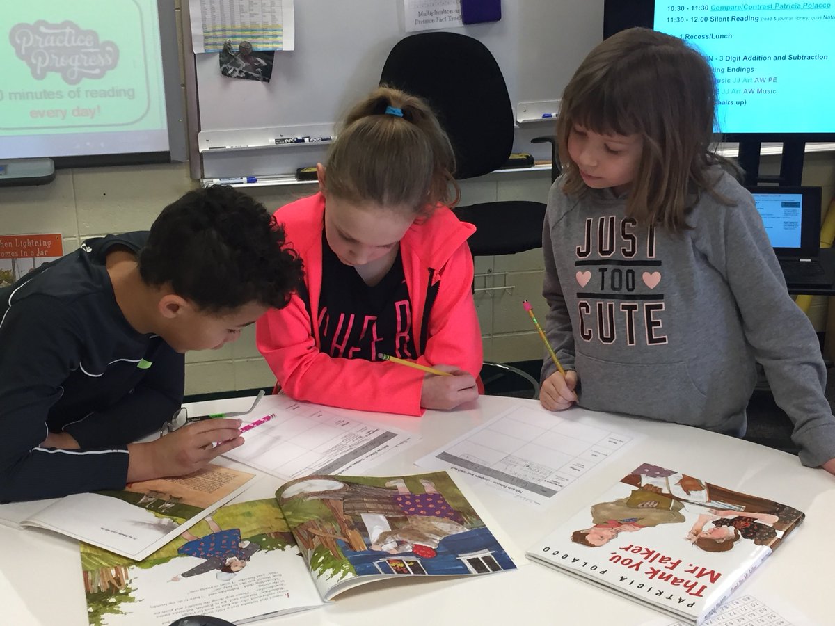 JessiJohnsonj's tweet photo. Finishing our author study of @PatriciaPolacco by comparing the characters, setting, plot and theme of two of their favorite titles. It was hard for them to pick because they have so many favorites. #ripon3rd #mpqtigerway https://t.co/5v5aORXtAh
