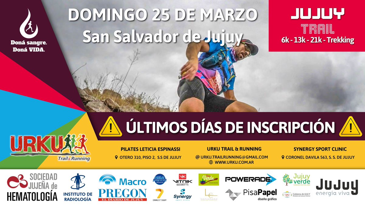 Todavía no te inscribiste??? Aprovechá los últimos días con descuentos.

Desde el lunes 12 de marzo: 6K $450 / 13K $550 / 21K $650 / Trekking: $120

 urku.com