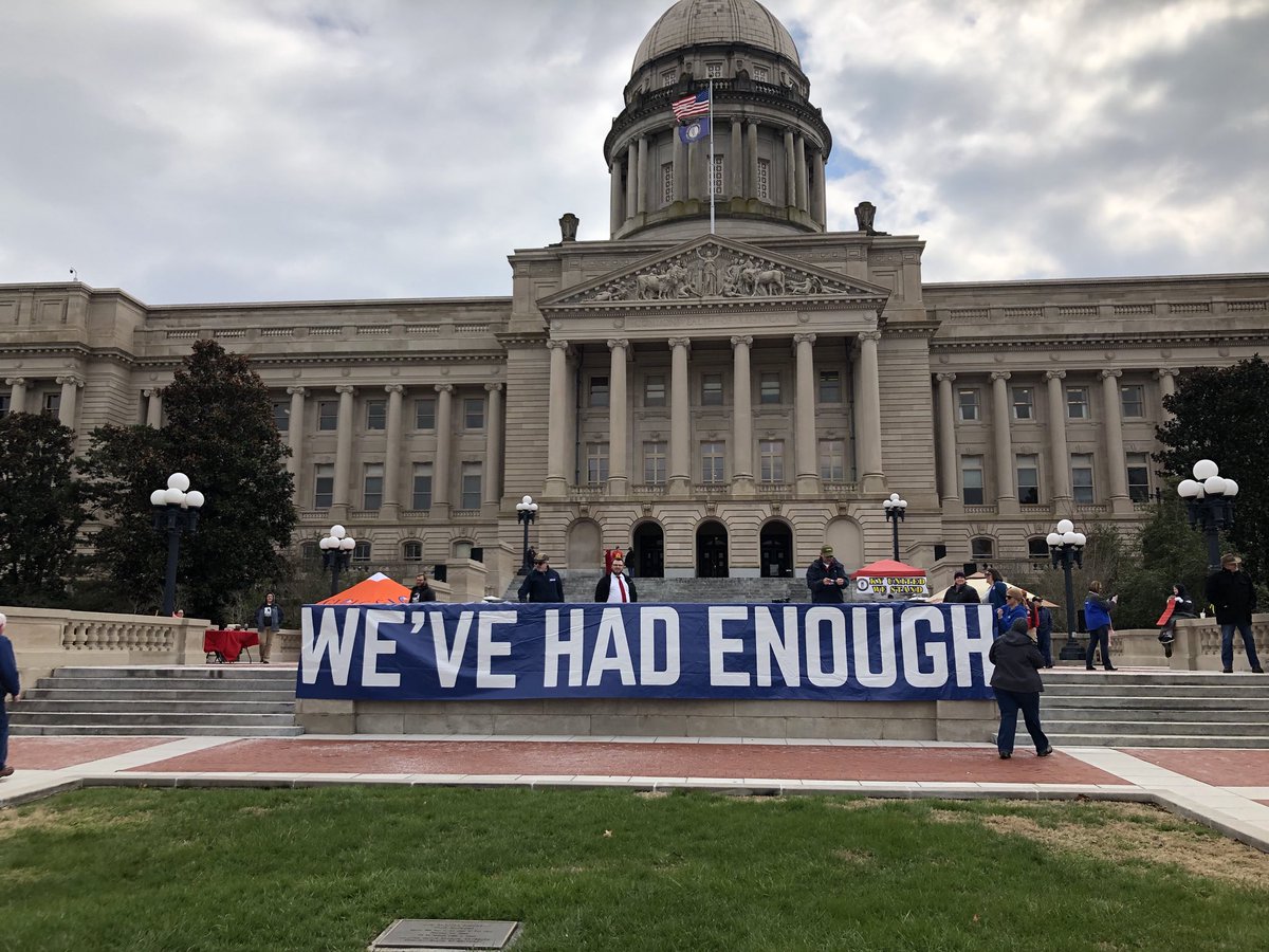 ShayAdelmann's tweet photo. Everyone, meet the amazing shero behind the #WeveHadEnough banner at today’s rally. #SharonFromShelbyville, I am proud to be in these trenches with you, sister. #KillTheBill #FindRevenueFirst #StupidBill1 @sharonfleck @lucywaterbury @nema @bubenny5 @Kyducation @SOS_KY @Dear_JCPS https://t.co/2QJwXy2vUD