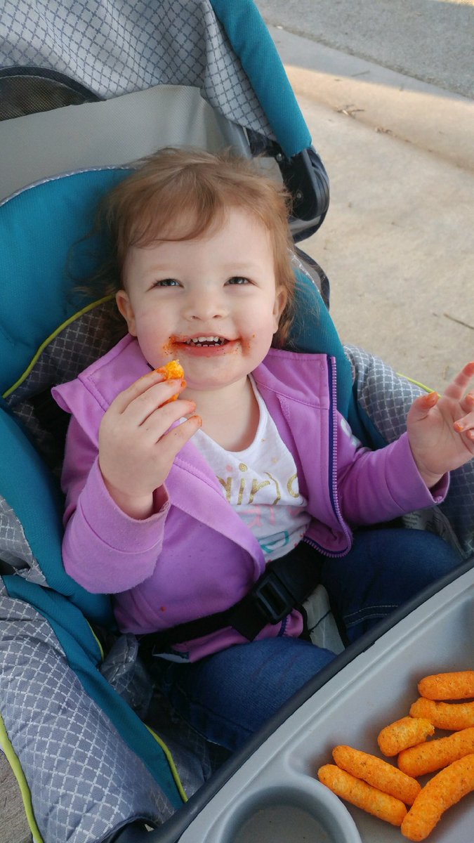 mollygurl13's tweet photo. When your child hasnโt eaten much and has spent the better part of the last 3 days crying in pain due to teething, you let her eat anything as long as she eats! #CheetosFace #FinallySmiling https://t.co/ZVzYoAkLMc