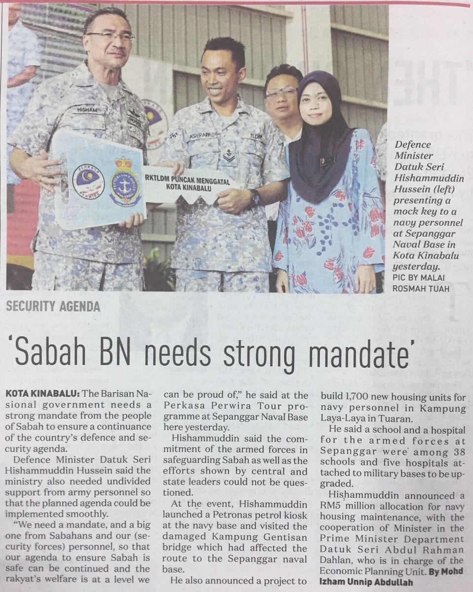 H2OComms's tweet photo. Berita DS @HishammuddinH2O menyeru keperluan #BN untuk mendapat mandat yang besar dari rakyat #Sabah bagi meneruskan agenda keselamatan di negeri itu dalam akhbar @bharianmy &amp; @NST_Online hari ini https://t.co/q5TuZckEhT