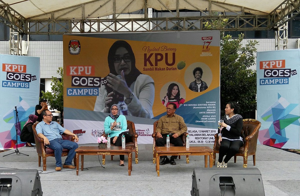#KPUGoesToCampus Unila Lampung | Komisioner KPU RI Evi Novida Ginting Manik: Pentingnya partisipasi dr awal dr kaum Intelektual di Kampus utk memahami pentingnya hak pilih &amp; memilih pemimpin, serta melegitimasi Pemilu &amp; Pilkada #KPUmelayani