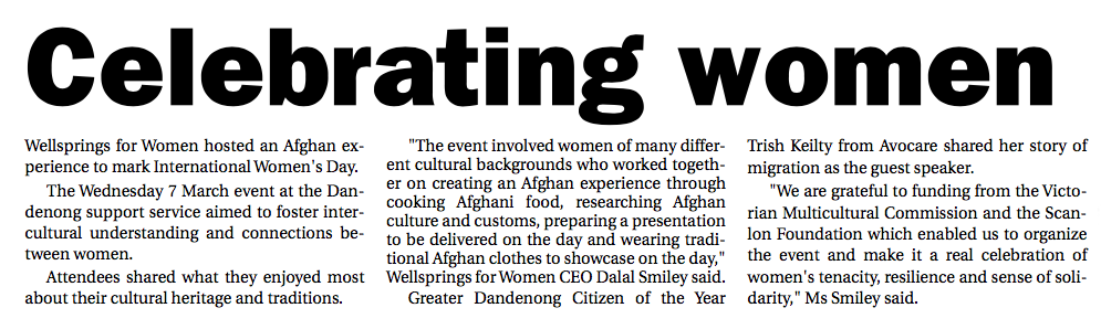 AvocareCC's tweet photo. Our very own Citizen of the year 2018, Trish Keilty had the pleasure of being the guest speaker for Wellsprings for Women at their Afghan cultural experience to mark International Womens Day.

Pictured with Trish is Roz Blades councillor for Greater City of Dandenong. https://t.co/3MKKp7TcF6