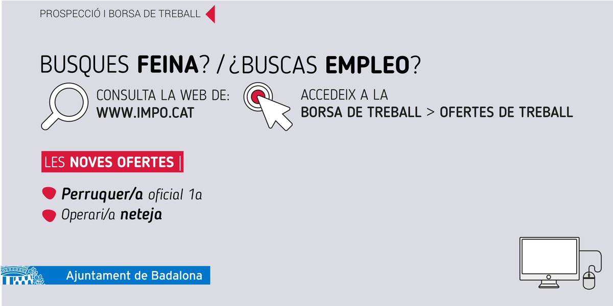 IMPOBdn's tweet photo. 📎Noves ofertes de #feina.
#Perruquer/a oficial 1a: https://t.co/eG1Smppe6g
#Operari/a #neteja: https://t.co/Zu21veE6ae
Informa't de totes les ofertes a la web: https://t.co/tZMujfJHOi.
#Empleo #Treball #Ocupació #Ocupación #Badalona https://t.co/4qD57Mck43