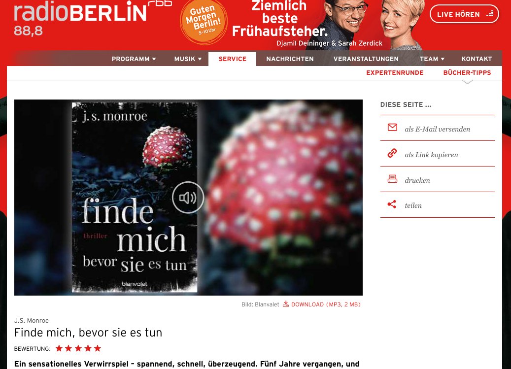JSThrillers's tweet photo. Thanks @radioBERLIN for the 5 star review of #FindeMich - 'Exciting, fast, convincing"
@JanklowNesbit @rebeccafolland @BlanvaletVerlag #FindMe
https://t.co/yM6ylKu3Ln https://t.co/LwIZJovANc