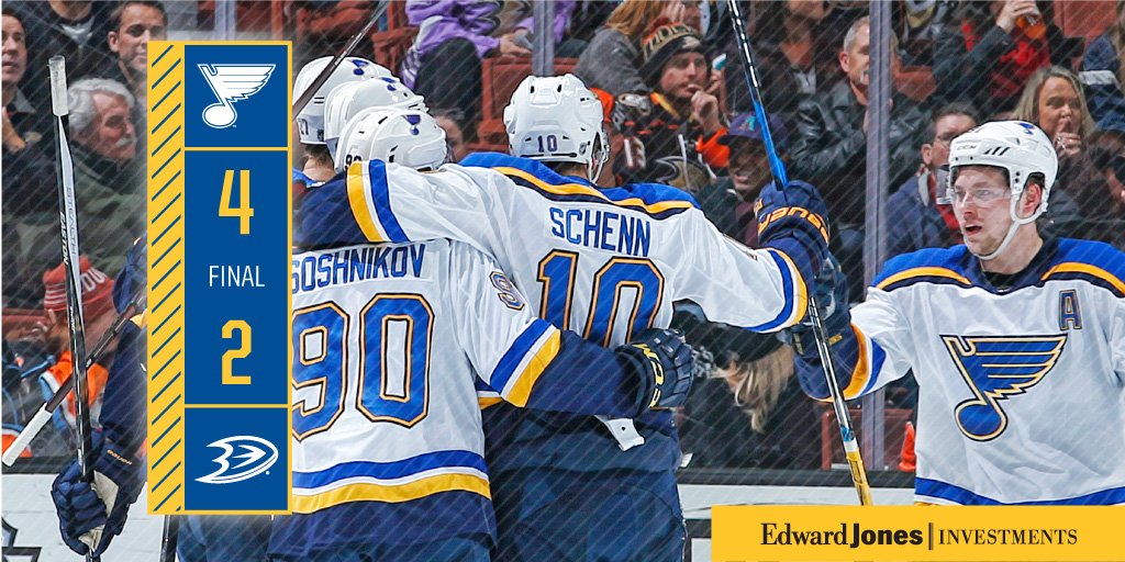 StLouisBlues's tweet image. BLUES WIN!!!!! The #stlblues move one point out of a playoff spot with a huge win in Anaheim. #AllTogetherNowSTL