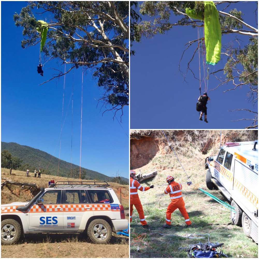 Stuck more than 20 metres in the air and hanging off a branch for 4 hours probably wasn't what this paraglider had intended for a Sunday afternoon. Well done again to the Bright unit who successfully performed their 6th paraglider rescue this year!