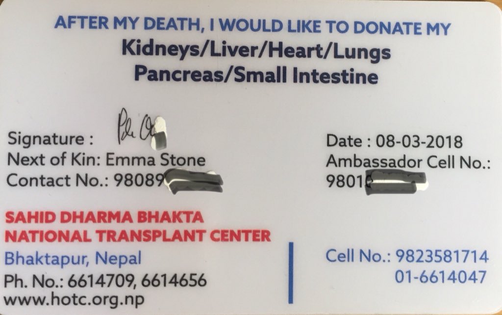 AusAmbNP's tweet photo. Adding my support to organ donation in Nepal. Men represent around 80% of organ recipients but little more than 20% of organ donors. Come on men, we shouldn’t rely on women to assume the lions share of organ donation. #PressforProgress2018 https://t.co/vSSvRM2hzM