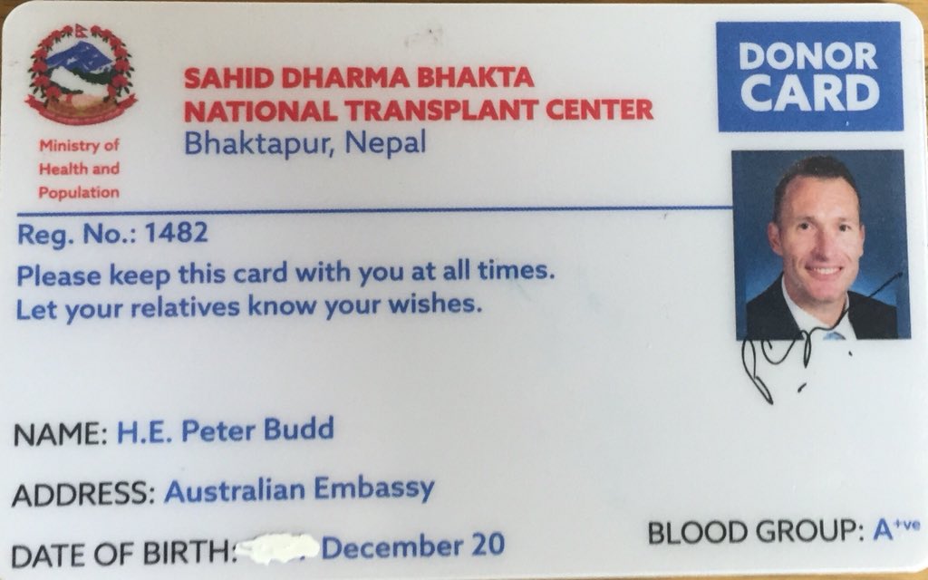 AusAmbNP's tweet photo. Adding my support to organ donation in Nepal. Men represent around 80% of organ recipients but little more than 20% of organ donors. Come on men, we shouldn’t rely on women to assume the lions share of organ donation. #PressforProgress2018 https://t.co/vSSvRM2hzM