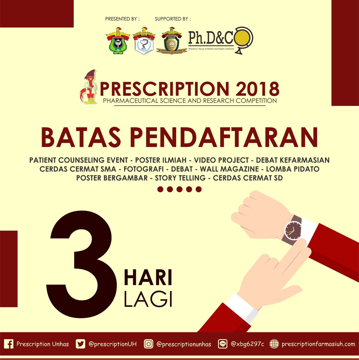 Hello prescription enthusiast!
sudah mempersiapkan diri untuk mengikuti rangkaian kegiatan dalam prescription tahun ini?
segera kirimkan formulir pendaftaran kalian!
sebagai informasi tambahan, bahwa pendaftaran lomba akan diundur hingga tanggal 16 Maret 2018.