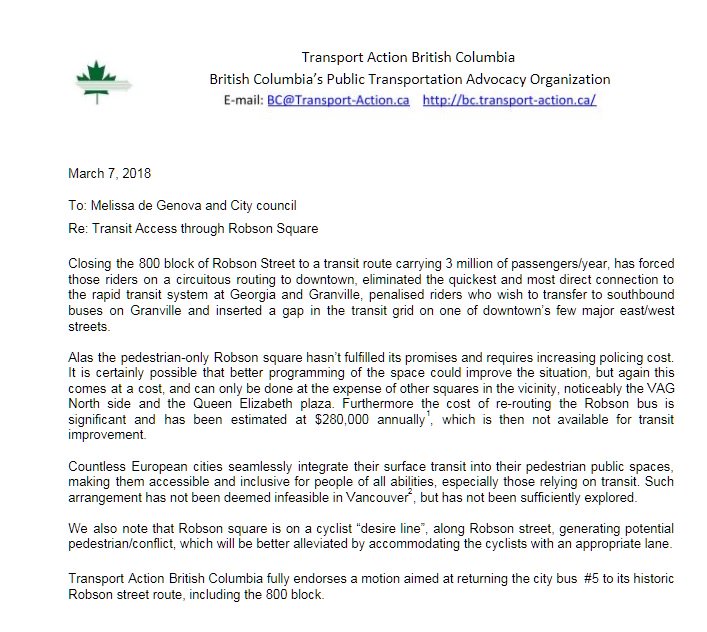 PatrickR4012's tweet photo. @MelissaDeGenova, @Elizabeth_Ball and @CityofVancouver: @TransAction_BC fully endorses a motion aimed at returning the #translink bus 5 on its historical route, including #800Robson (aka #RobsonSquare) https://t.co/AT1lx9ElkU