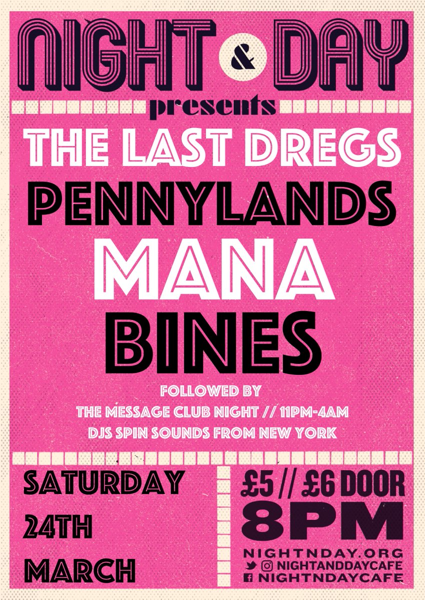 SAT 24 MARCH > <a href="/TLDregs/">TheLastDregs</a> <a href="/pennylandsband/">Pennylands</a> @MANA_stoke <a href="/BINESband/">BINES</a> // doors 8pm + 1st set 8:15pm //