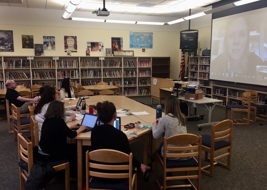 jediguybrarian's tweet image. It was great to have a Skype in my library today with awesome #Amplify author @KristinZiemke  & a group of fantastic educators at my school working to increase & improve tech use in teaching & learning. #DigitalTeachingAndLearning #TechInTheClassroom