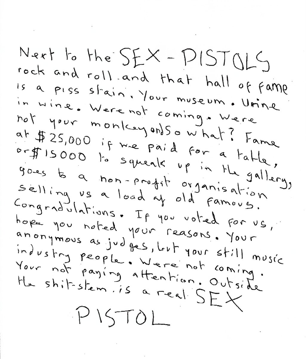 RockFM_ES's tweet photo. 13/03/2006 "Sois orina en vino. No somos vuestros monos, no vamos a ir..." Con esta "elegante" nota @PistolsOfficial rechazaban ser introducidos en el @RockHall #RockFMérides  https://t.co/5N8b6Ac75U https://t.co/ja23zUS21b
