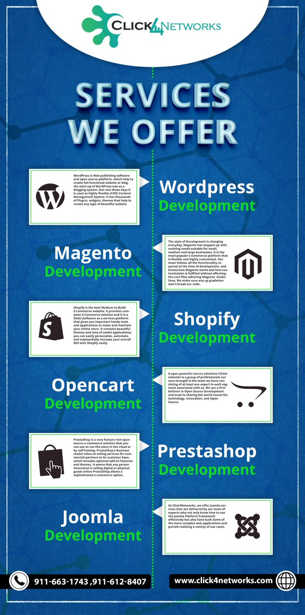 click4networks's tweet image. We provide #web #Development services on all Platforms #Magento #Wordpress #Shopify #opencart #joomla #Prestashop. Click on the link for more info: click4networks.com