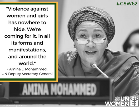 UN_Women's tweet photo. Together, we will implement the Spotlight initiative and create a world in which all women and girls can walk free and tall, in safety and in dignity. -- @AminaJMohammed at the #SpotlightEndViolence event during #CSW62. https://t.co/w6sbyuK1ul