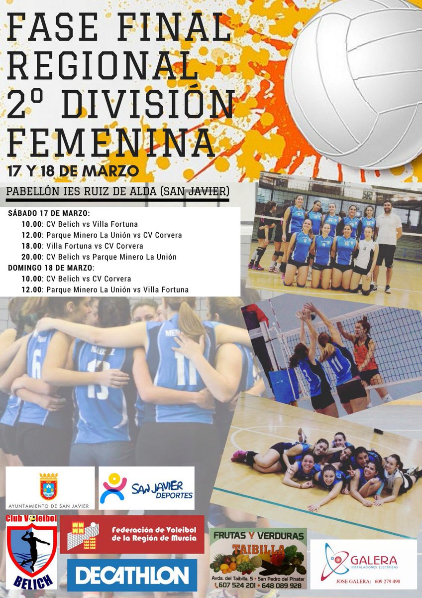 San Javier Deportes (@pdmsanjavier) on Twitter photo 🏐Fase Final 2ª División Fem
🗓17-18 marzo
📍Pab IES Ruiz de Alda
Todos a apoyar al <a href="/Cvbelich/">Club Voleibol Belich</a> 🏐Fase Final 2ª División Fem
🗓17-18 marzo
📍Pab IES Ruiz de Alda
Todos a apoyar al <a href="/Cvbelich/">Club Voleibol Belich</a>