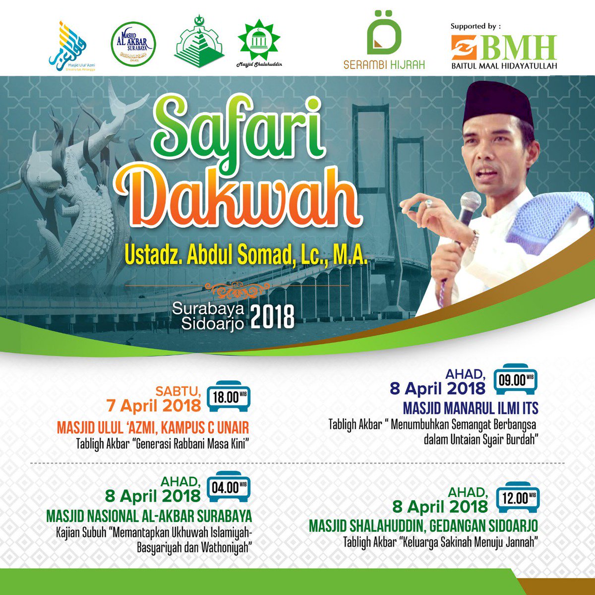 BMH_jatim's tweet photo. Hadirilah Safari Dakwah Ustadz Abdul Somad di Surabaya &amp; Sidoarjo 2018. #BMH #baitulmaalhidayatullah #ustadzabdulsomad #abdulsomad #UAS #kajianustadabdulsomad #jadwalustadzabdulsomad #jadwalUAS #safaridakwah #kajianUAS #eventsurabaya #eventsidoarjo #bmhjatim https://t.co/tCNo13xLwe