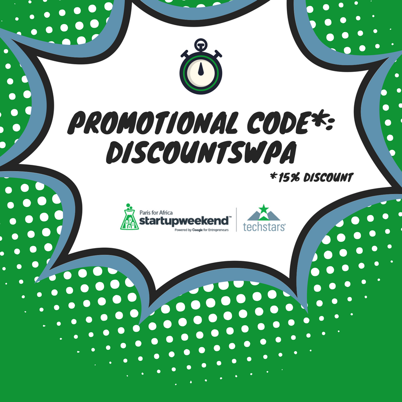 ⏳Plus que quelques jours avant le Startup Weekend Paris for Africa 🚀
 🏷️Bénéficiez de 15% de réduction avec le code promo : DISCOUNTSWPA, valable sur les tickets Technical, Non-Technical et Others !
 Code promo limité à 3 utilisations! Premiers arrivés premiers servis #SWP4A