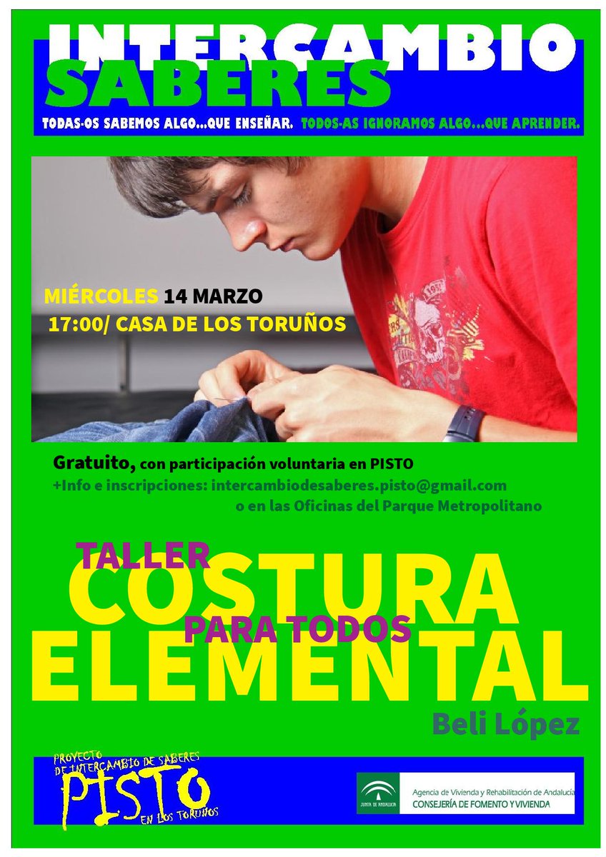 ParqueTorunos's tweet photo. Mañana miércoles, a las 17:00 h, taller de costura elemental en @ParqueTorunos dentro del programa de intercambio de saberes PISTO. https://t.co/N6iwaJ3ShH