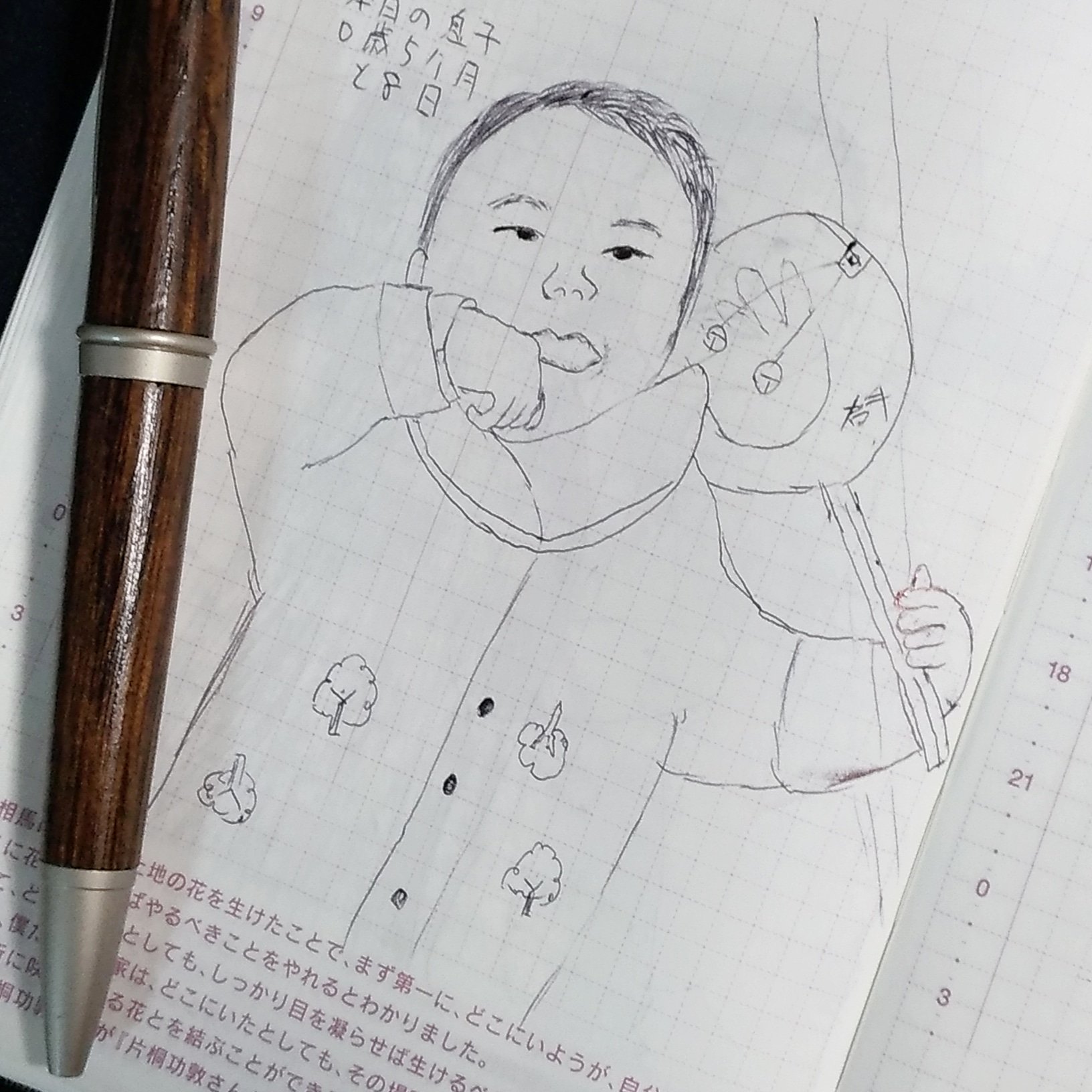 ノブ Osaka Sennan Al Twitter 本日の息子 育児の集まりで作ってきた手形入りでんでん太鼓のような団扇を振り回してハイテンション それにしても笑顔感が出ないなぁ 凛々しくなってしまう ほぼ日手帳 一日一ｏ氏 1日1息子 似顔絵 赤ちゃん 画伯