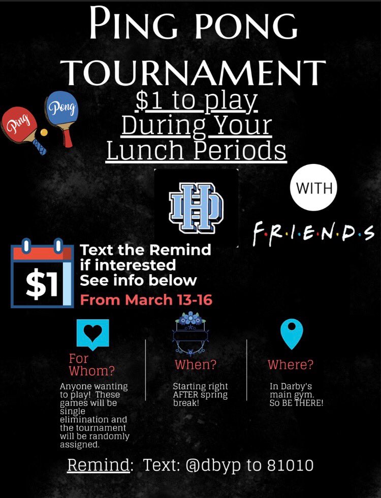 DarbyFans's tweet photo. Hey Panthers, you into ping pong? See the information below on how you can participate in Darby’s upcoming Ping Pong Tournament! Only $1, so sign up!!🏓💥 https://t.co/a7L47WfqZW