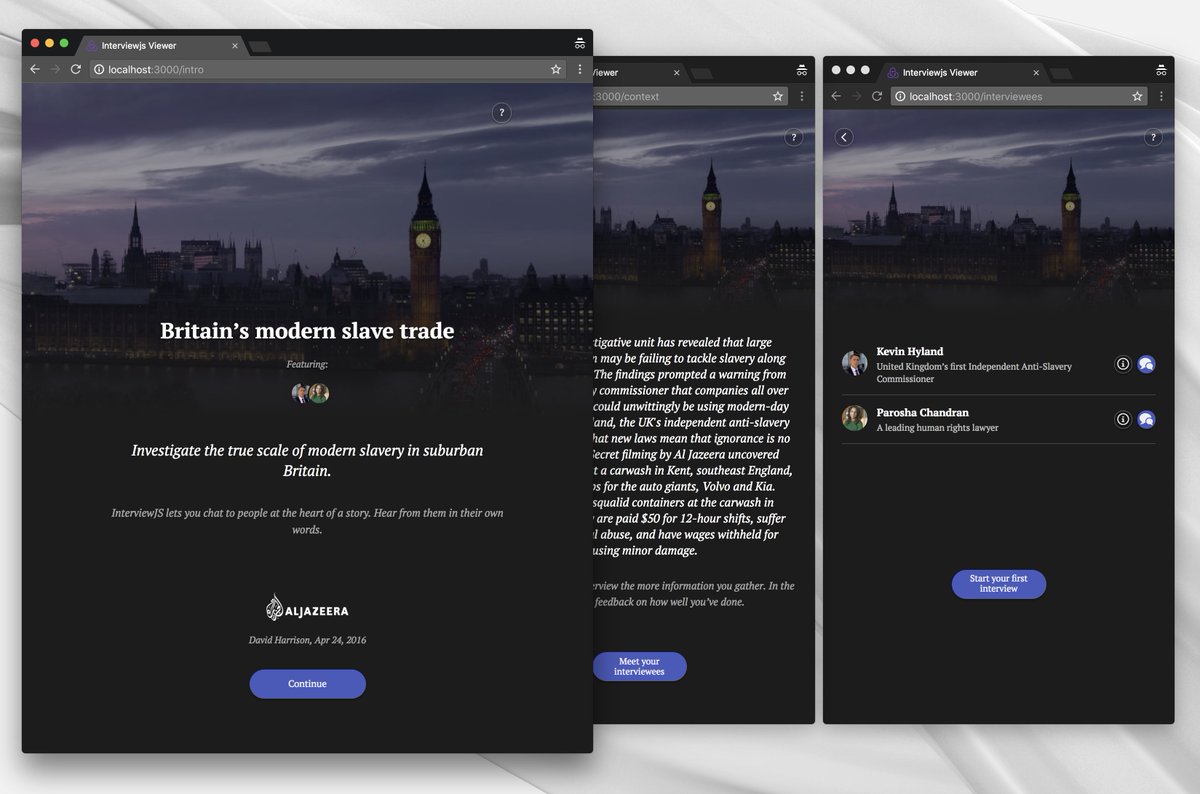 interview_js's tweet image. Wondering how your #InterviewJS stories will feel like? Here’s a sneak peek into the very elegant intro screens we’re creating these days. Your content never looked this great. All coming soon.

#opensource #opennews #news #toolsfornews #journalism #storytelling #chatbots #ui