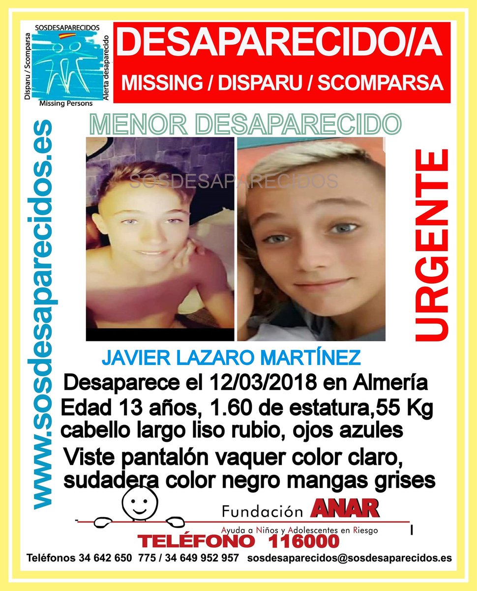 🆘#MUYURGENTE⚠️  

 Este es Javier, un #menor que ha #desaparecido en #Almería

  Si lo has visto llámanos 
☎062  
☎091 
☎112  
Tu RT es muy importante