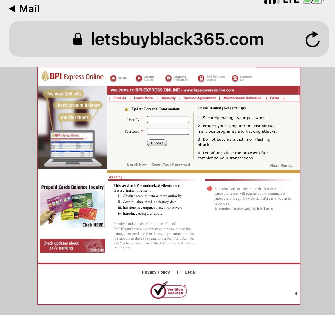 twitmejp's tweet photo. @TalktoBPI got an account security alert email from expressonline@bpi.com (without .ph)  to “confirm account” otherwise account will be limited. Link leads to this: https://t.co/iqMqznWQcD