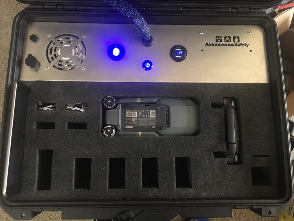 AutonomouSafety's tweet photo. NEW! Autonomous Safety Mobile Command Center! This thing is a boss! One case for your Mavic, live-feed monitor and in-the-field charging. Charge 4 batteries, controller, tablets, and broadcast live feed for 6 hours in the field. Grab and GO! #mavic #drones #uas #dronesforgood https://t.co/4n0OkjVgKo