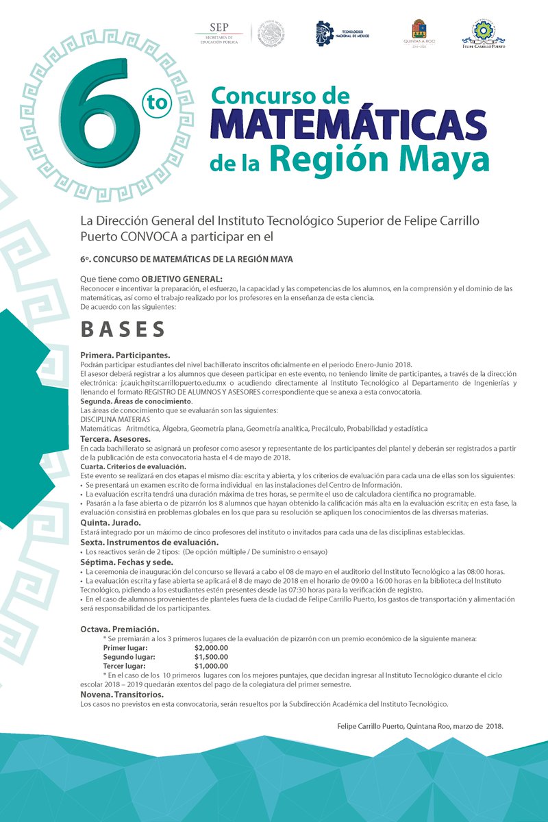 Les invitamos a participar este año en nuestro 6° Concurso de Matemáticas. Recordamos con gusto que el <a href="/CBTis72/">CBTis 72</a> tiene el campeonato del 2017. <a href="/EducacionQR/">SEQ Educación</a> <a href="/sayala0022/">Susy Ayala</a> @rirm_m @DiegoRamnBrice1 <a href="/hvega_00/">Ing. Hector Vega</a> <a href="/iysks/">Luis Illescas</a> <a href="/CancheGilberto/">Gilberto CC</a> @MaryCarmen_svye