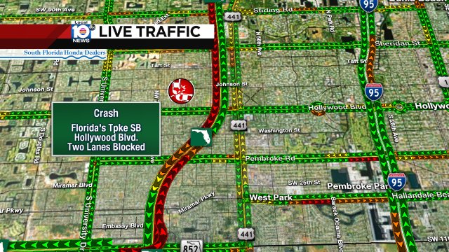 CRASH: Florida's Tpke SB & Hollywood Blvd. Two lanes are blocked and delays are stretching back to I-595. #TRAFFIC https://t.co/3QBiGTjsQR