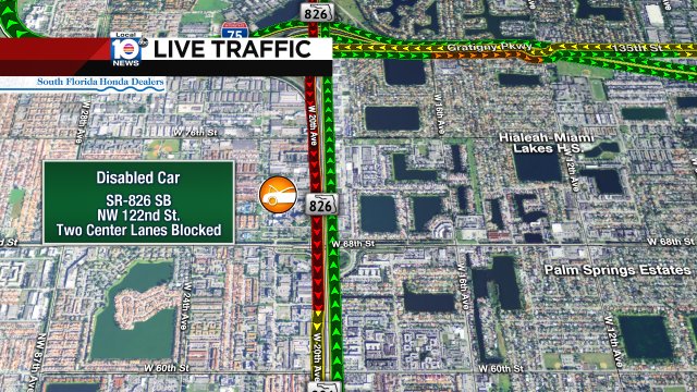 DISABLED CAR: SR-826 SB & NW 122nd St. Two center lanes are blocked. Expect delays. #TRAFFICALERT #TRAFFIC #MIAMI https://t.co/mUuIudxQMC
