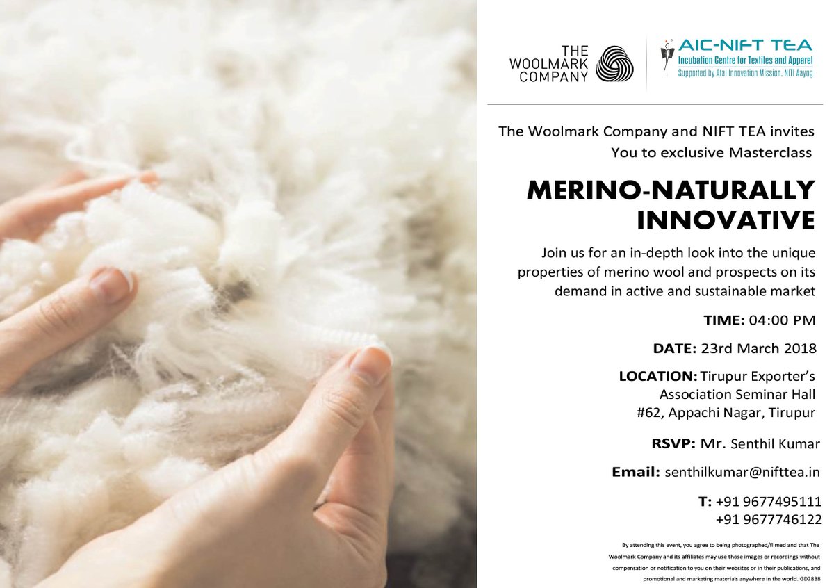 NiftteaIncubat's tweet photo. AIC NIFT TEA and Woolmark india organise  interactive session on Merino- Naturally Innovative, to provide an in-depth look into the unique
properties of merino wool and prospects on its
demand in active and sustainable market https://t.co/Va5gRs7Wtc
