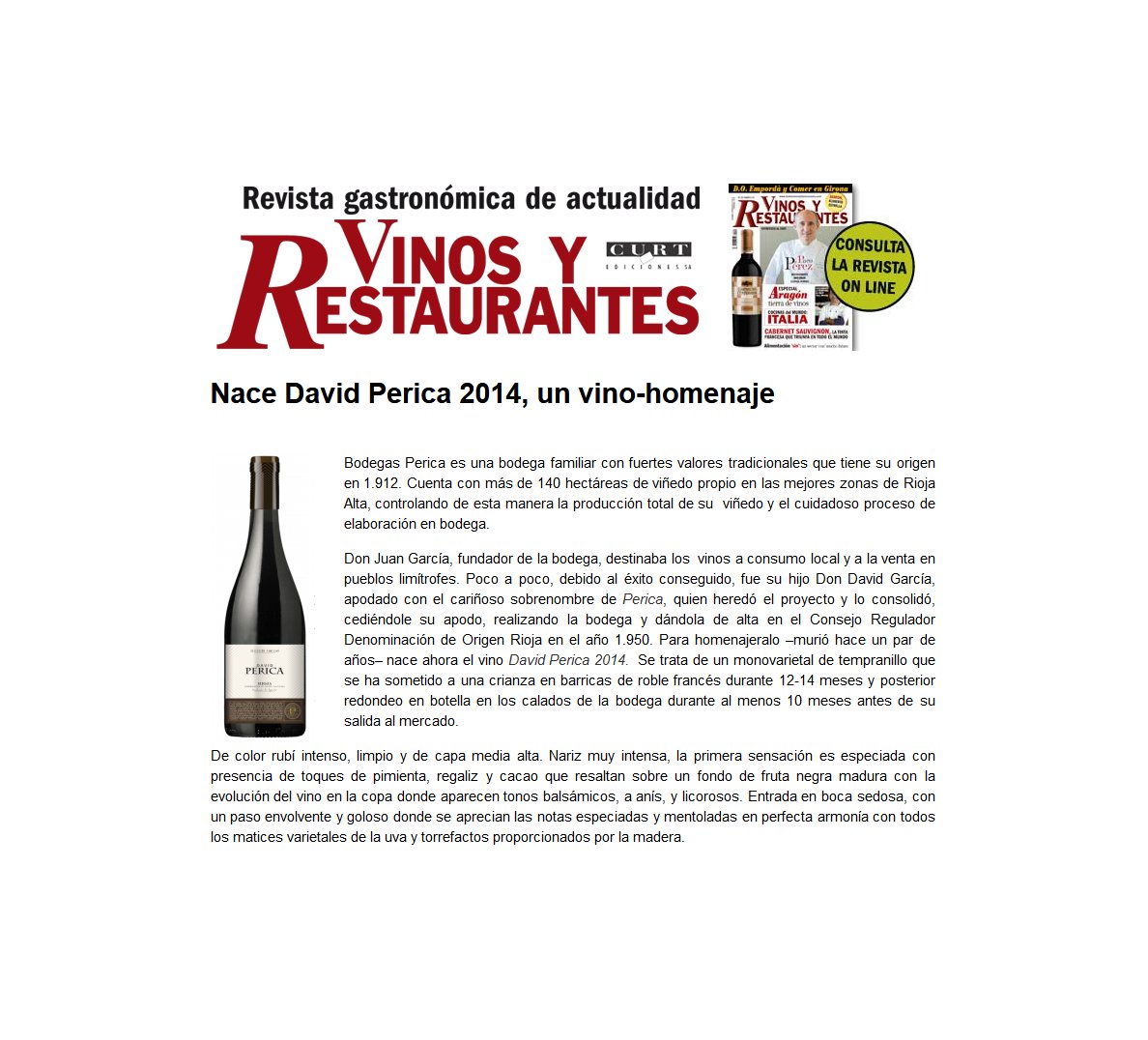 BodegasPerica's tweet photo. Nuestro #DavidPerica #selecciónfamiliar en la revista vinos y restaurantes  @revistavinos de #curtediciones. Un #vino que homenajea a #Perica: https://t.co/9byxnanF11 https://t.co/KNY1V3zGQM